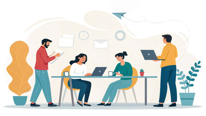 Professionals working together in a vibrant, collaborative office space. Illustrates teamwork, innovation, and modern business productivity.