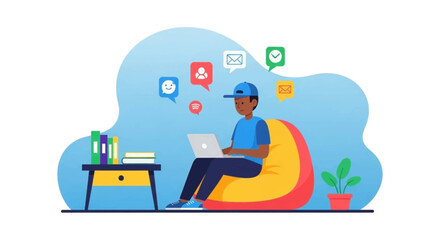 Person comfortably working remotely on a laptop, engaging with digital communication and social media from a relaxed home setting. Modern lifestyle and flexible work.
