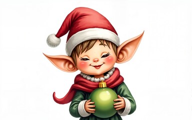 Fototapeta premium Christmas elf with festive hat holding Christmas ornament watercolor illustration. High quality