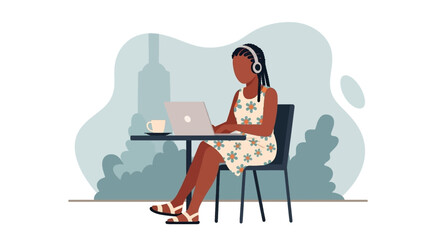 Young Black woman working remotely on a laptop at an outdoor cafe with headphones, ideal for digital nomad or flexible work concepts.
