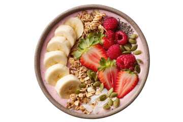 Pink smoothie bowl topped with fruit and granola