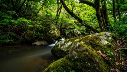 Lush stream flowing through a mossy forest.