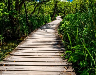 Fototapeta premium Wooden boardwalk path through lush greenery