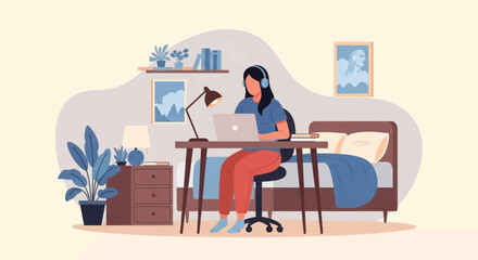 A focused woman works remotely on her laptop with headphones, embodying productive home office life, online learning, or digital business.