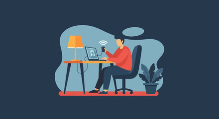 Man working remotely on laptop and smartphone at home, emphasizing connectivity and digital lifestyle for business productivity.