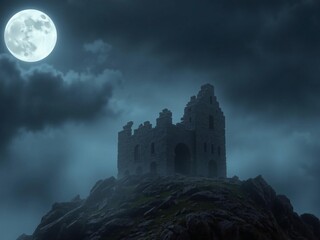 Obraz premium Eerie Moonlight Bathes Ancient Stone Fortress Silhouette