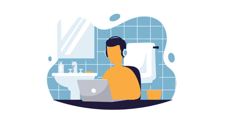 Focused person with headphones works on laptop in a bathroom, symbolizing remote work, work-life balance, and adaptable workspaces. Digital nomad concept.
