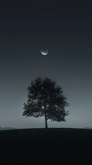 Lonely Tree Silhouette Under Moonlit Evening Sky