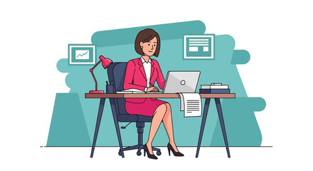 Professional businesswoman in a pink suit works diligently at her desk with a laptop, reflecting modern office productivity and digital work.