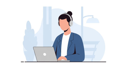 Professional in headphones working on a laptop, symbolizing remote work, customer support, or online education.