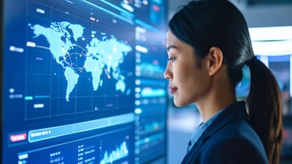 A Professional Woman Examines Data Visualizations Displayed on Large, High-Tech Screens - Powered by Adobe