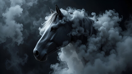 Artistically lit horse head with thick smoke and fumes on black background. Beautiful alert black brown stallion horse in fog mist smoke looking curious worried free majestic regal mythological