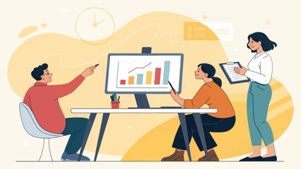 Business team collaborates, analyzing financial data and reports on a computer screen. Depicts teamwork, productivity, and strategic planning in an office setting.