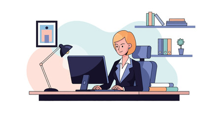 Professional woman focused on her computer at a modern office desk. Represents business, productivity, and remote work lifestyle.