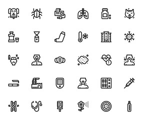 Asthma icon set. Medical vector illustration. Includes symbols for inhaler, lungs, cough, virus, oxygen mask, medicine, hospital and more. Editable stroke.