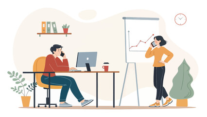 Professionals collaborate in a modern office, with one on a call and another presenting growth on a whiteboard. Business communication.