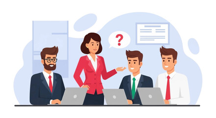 Business team in an office meeting, discussing ideas and solutions. A manager presents while colleagues listen, one with a question, symbolizing collaboration and problem-solving.