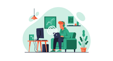 Person wearing headphones working on a laptop from the comfort of their home, highlighting remote work, online learning, and a digital lifestyle.