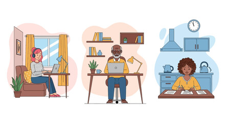 People of diverse ages and backgrounds working and studying remotely from comfortable home environments, showcasing modern productivity and flexible lifestyles.