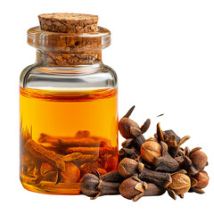 Clove essential oil in bottle with cloves spice aromatherapy wellness spa herb isolated on transparent background, png