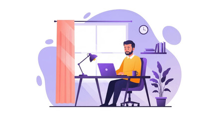 Man working remotely on a laptop in his comfortable home office. Ideal for concepts of productivity, freelance, online learning, and modern lifestyle.