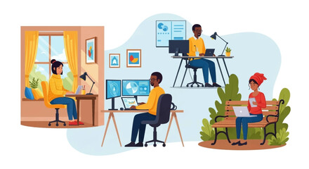 Diverse individuals working remotely from home, a modern office, and outdoors, showcasing flexibility and productivity in various work environments.