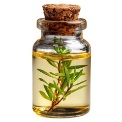Essential oil bottle with rosemary herb for aromatherapy and natural remedies isolated on transparent background, png
