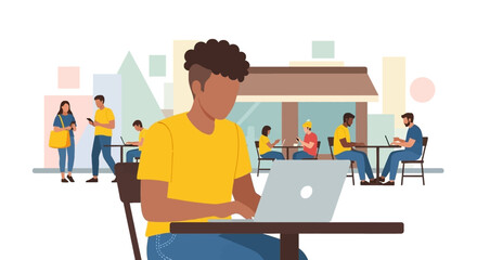 Diverse people engaged with technology in an outdoor urban setting. Main subject working on laptop, showing remote work, connectivity, and modern lifestyle.