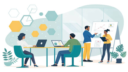 Diverse team collaborating in a modern office, engaged in a business meeting and digital work. Ideal for concepts of innovation, teamwork, and corporate growth.