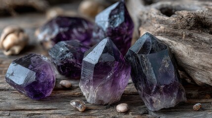 Amethyst crystals arrangement resting against driftwood on rustic weathered wood surface