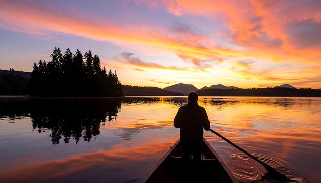 Calm sunrise on a still lake. Person paddling canoe - Powered by Adobe