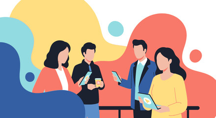 Diverse group of business people collaborating and communicating using digital devices in a modern, colorful setting. Ideal for technology, business, or lifestyle concepts.