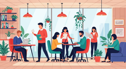 Diverse professionals collaborate in a modern, open-plan office, fostering teamwork and productivity in a vibrant business environment.