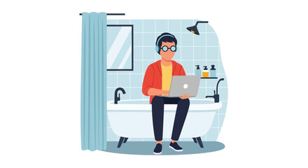 Person working remotely on a laptop in a bathroom, illustrating flexible work arrangements and unconventional productivity.