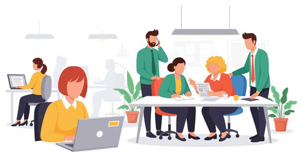 Diverse professionals collaborate and work diligently in a modern office, showcasing teamwork and productivity in a vibrant business environment.