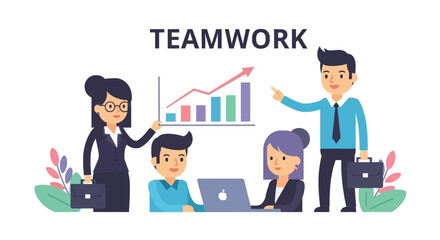 A group of business professionals collaborating, analyzing data for growth and achieving success. Represents effective teamwork and partnership.