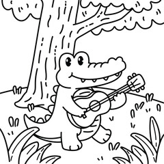 Cute Crocodile Playing Guitar Under a Tree. Thin Line Illustration.