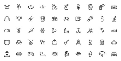 Youth lifestyle icon set. Vector illustration of modern young adult activities and items including drum set, VR glasses, roller skate, selfie, sneakers, cocktails, and more.