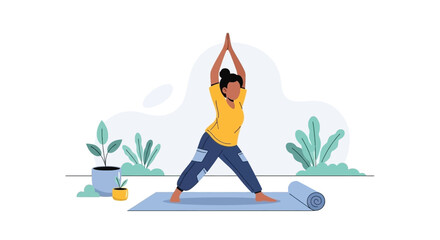 Fototapeta premium Woman practicing yoga warrior pose on a mat indoors with potted plants. Represents wellness, balance, health, and a healthy lifestyle. Ideal for fitness, mind-body, and self-care content.
