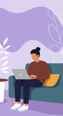 Young person focused on laptop, working or studying from a comfortable couch at home. Ideal for remote work, online learning, or digital lifestyle.