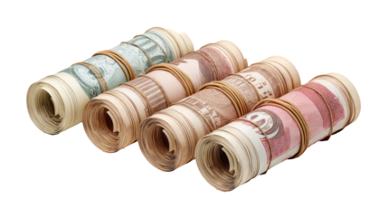 Rolled banknotes secured with rubber bands arranged on white background