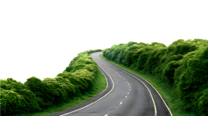 Winding road through lush green trees, leading to adventure, perfect for travel, nature, and exploration