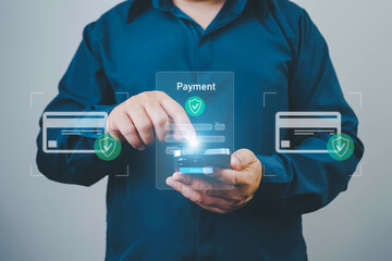 Businessman authenticating secure online payment with digital credit card, highlighting fintech...