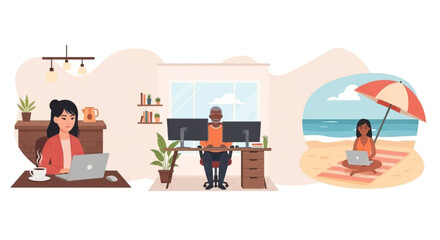 Diverse individuals working remotely from home and a beach, showcasing modern flexible work, productivity, and a balanced lifestyle.