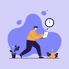 A busy man quickly walks with a laptop, symbolizing productivity, efficient time management, and meeting deadlines in a modern work environment.