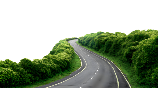 Winding road through lush green trees, leading to adventure, perfect for travel, nature, and exploration - Powered by Adobe