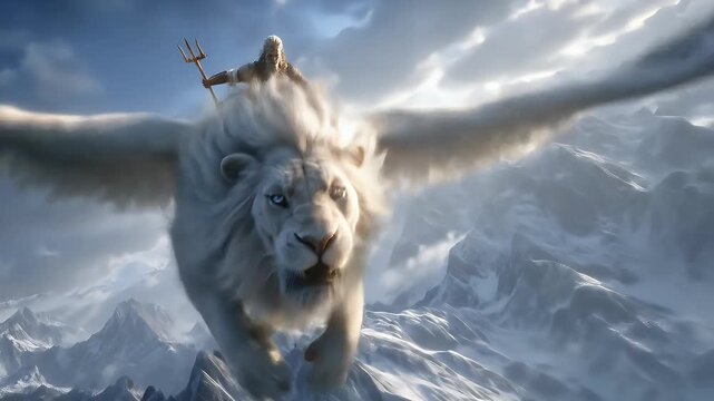 Majestic white lion creature with large wings soars through a snowy mountain landscape.