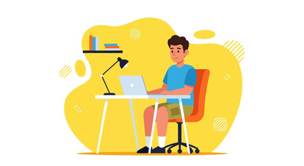 Young man working remotely on laptop at a modern home office desk, illustrating productivity, online learning, or a flexible freelance lifestyle.