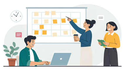 Diverse business team collaborating on a project board, planning tasks and discussing ideas in a modern office. Efficient workflow illustration.