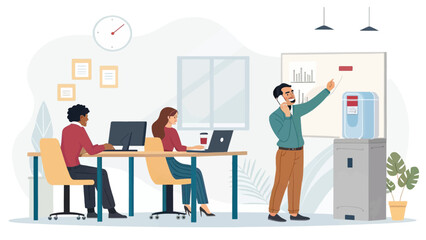 Diverse team collaborates in a modern office, fostering productivity and communication. Ideal for business, technology, and corporate themes.